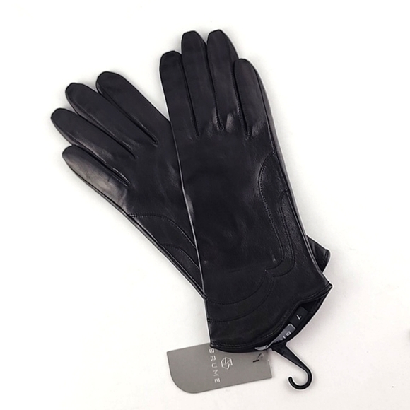 BRUME Women's Espresso Brown Leather Silk Lined Long Gloves Size 7 / M - Picture 1 of 10